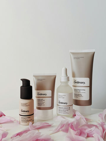 Korean skincare products flat lay with botanical ingredients