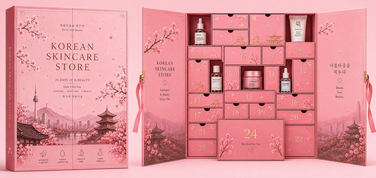 Korean Skincare Store Advent Calendar 2026 - open box with 24 doors
